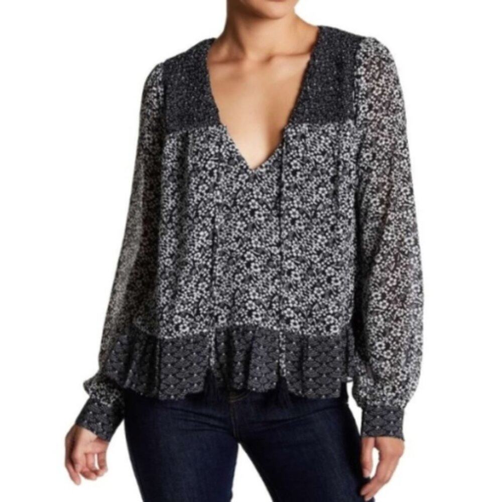 Tularosa Harrison Navy Patterned Tie Front Blouse
